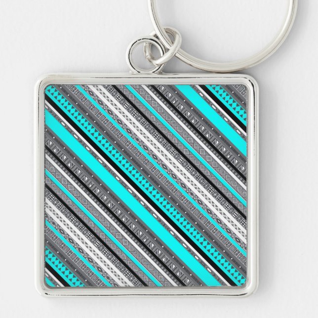 Cute grey aqua aztec patterns keychain (Front)