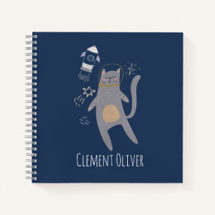 Cute Grey Astronaut Cat Custom Name Notebook