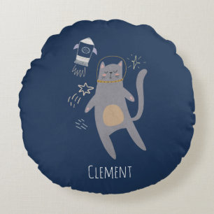 Cute Grey Astronaut Cat Custom Name Round Pillow