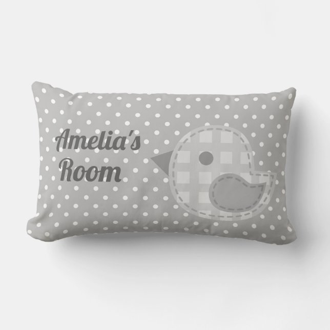 Cute Grey Baby Bird and Polka Dot Personalised Lumbar Pillow (Front)