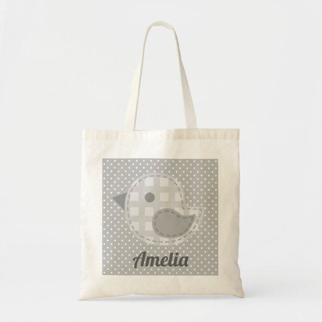 Cute Grey Baby Bird and Polka Dot Personalised Tote Bag (Front)