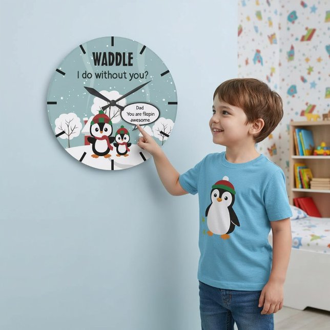Cute Grey Baby Penguin In Winter Snow Large Clock (Creator Uploaded)
