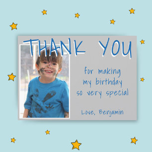 Cute Grey Blue Birthday Boy Photo Thank You Card