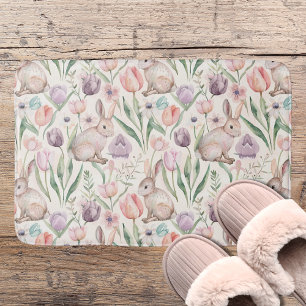 Cute Grey Bunny with Colourful Tulips Bath Mat