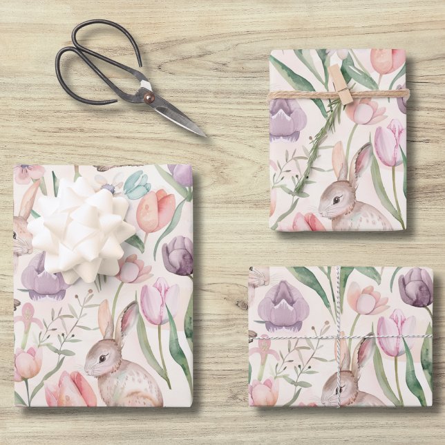 Cute Grey Bunny with Colourful Tulips Wrapping Paper Sheet (Creator Uploaded)