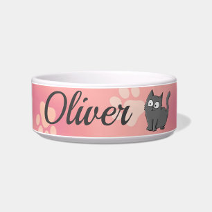Cute Grey Cartoon Kitten on Pink Pawprint Bowl
