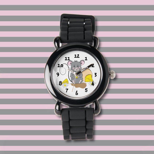 Cute Grey Cartoon Mouse Kid Watch (Cute kid watch with a gray mouse nibbing on some Swiss cheese .)