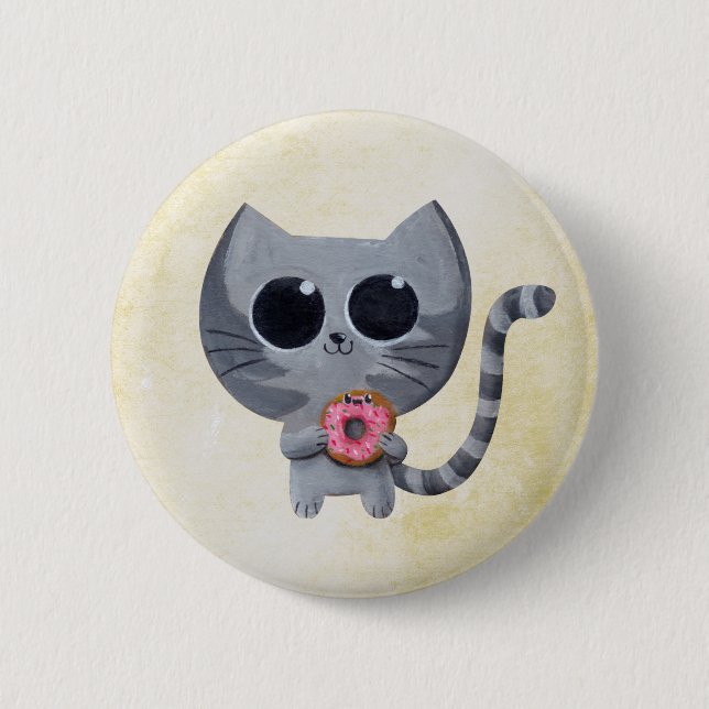 Cute Grey Cat and Doughnut 2 Inch Round Button (Front)