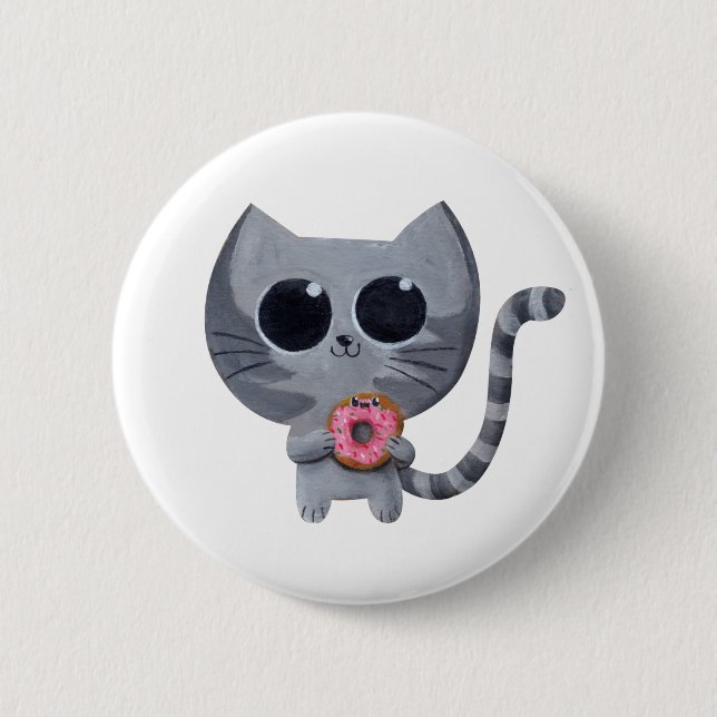 Cute Grey Cat and Doughnut 2 Inch Round Button (Front)