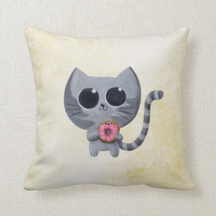 Cute Grey Cat and Doughnut Throw Pillow