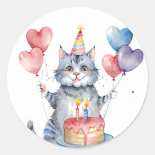 Cute Grey Cat Birthday Cake - Birthday Classic Round Sticker