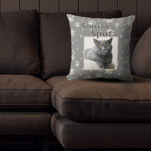 Cute Grey Cat Custom Pet Photo Name Paws Throw Pillow