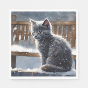 Cute Grey Cat on a Bench in the Snow Napkin