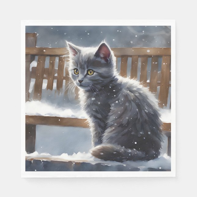 Cute Grey Cat on a Bench in the Snow Napkin (Front)