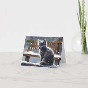Cute Grey Cat on Bench in the Snow Blank Greeting Card