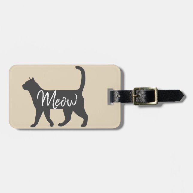 Cute Grey Cat Silhouette & Meow Script Luggage Tag (Front Horizontal)