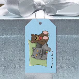 Cute Grey Cat Teddy Bear Funny Blue Gift Tags