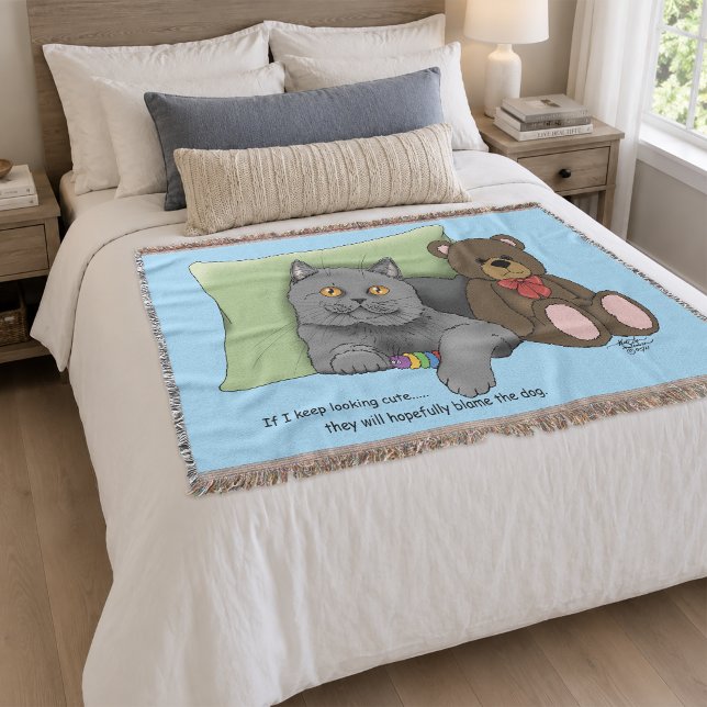 Cute Grey Cat Teddy Bear Funny Blue Throw Blanket (Creator Uploaded)