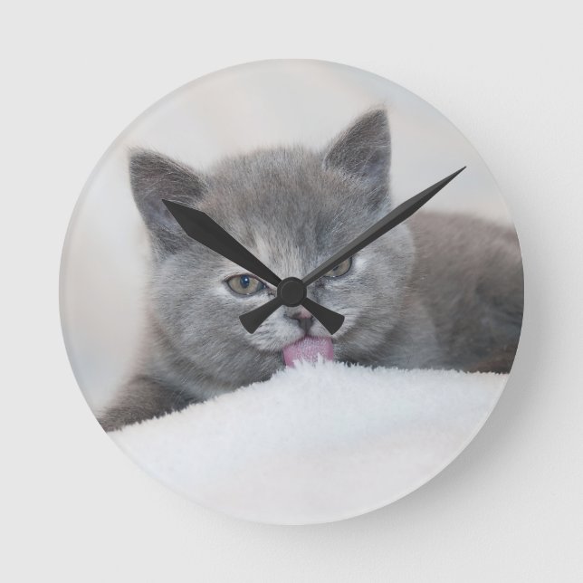 Cute Grey Cat Tongue Out! Round Clock (Front)