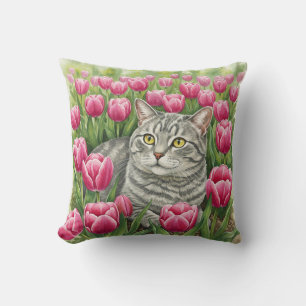 Cute Grey Cat Tulips Spring Pillow