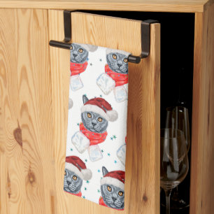 Cute Grey Cat Watercolor with Scarf Kitchen Towel