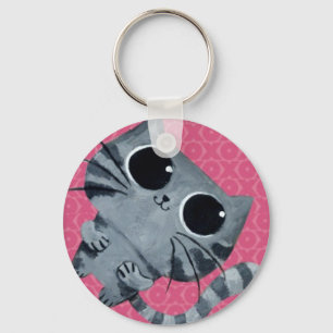 Cute Grey Cat with big black eyes Keychain