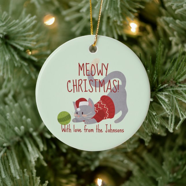 Cute Grey Cat with Christmas Hat Ceramic Ornament (Tree)