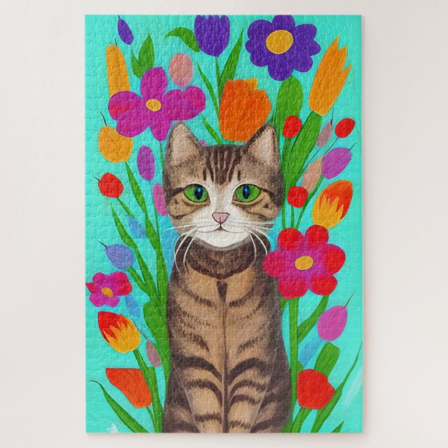 Cute Grey Cat with Colourful Flowers Jigsaw Puzzle (Vertical)