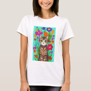 Cute Grey Cat with Colourful Flowers T-Shirt