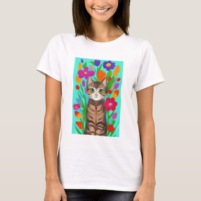 Cute Grey Cat with Colourful Flowers T-Shirt (Front)
