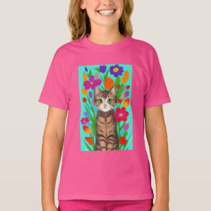 Cute Grey Cat with Colourful Flowers T-Shirt