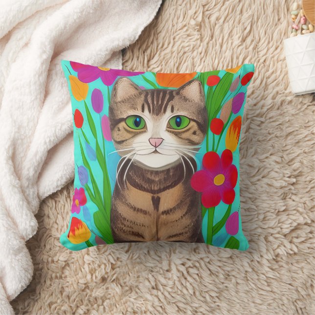 Cute Grey Cat with Colourful Flowers Throw Pillow (Blanket)