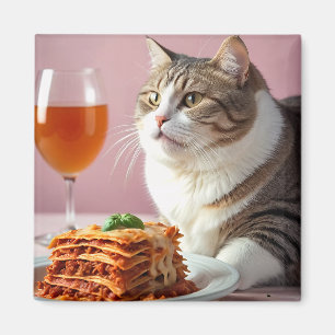 Cute Grey Cat with Lasagna and Wine Glass Magnet