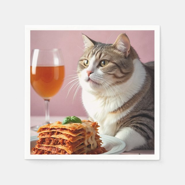 Cute Grey Cat with Lasagna and Wine Glass Napkin (Front)