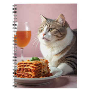 Cute Grey Cat with Lasagna and Wine Glass Notebook