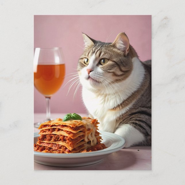 Cute Grey Cat with Lasagna and Wine Glass Postcard (Front)