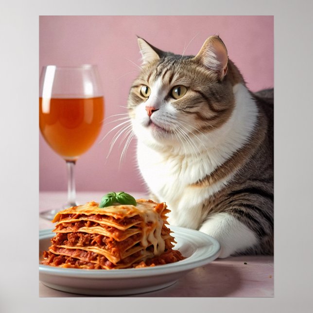 Cute Grey Cat with Lasagna and Wine Glass Poster (Front)