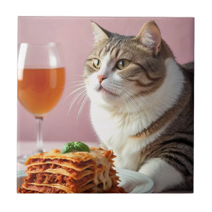 Cute Grey Cat with Lasagna and Wine Glass Tile