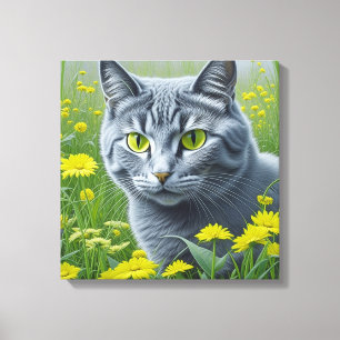 Cute Grey Cat with Yellow Eyes Ai Art Canvas Print