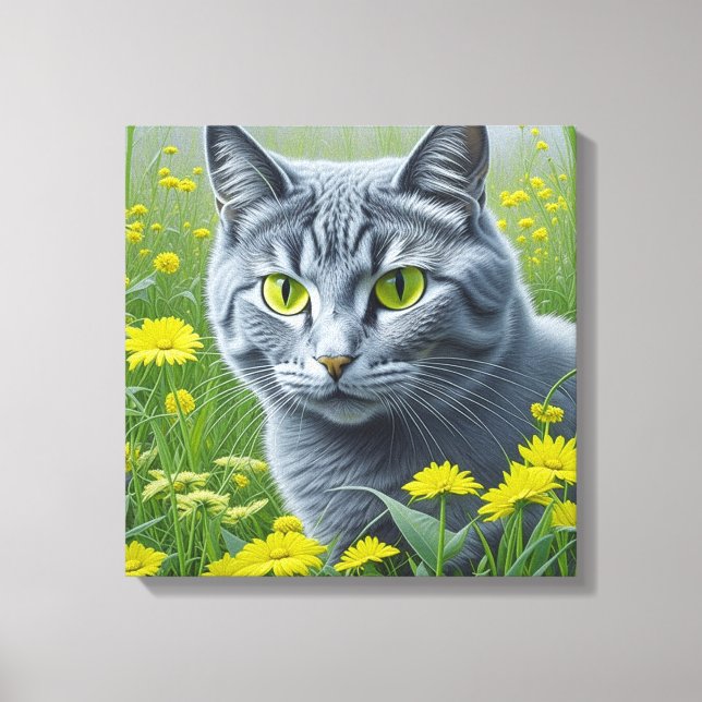 Cute Grey Cat with Yellow Eyes Ai Art Canvas Print (Front)
