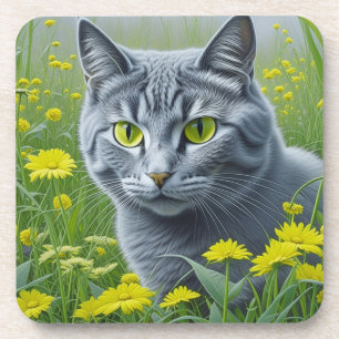 Cute Grey Cat with Yellow Eyes Ai Art Coaster