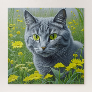 Cute Grey Cat with Yellow Eyes Ai Art Jigsaw Puzzle