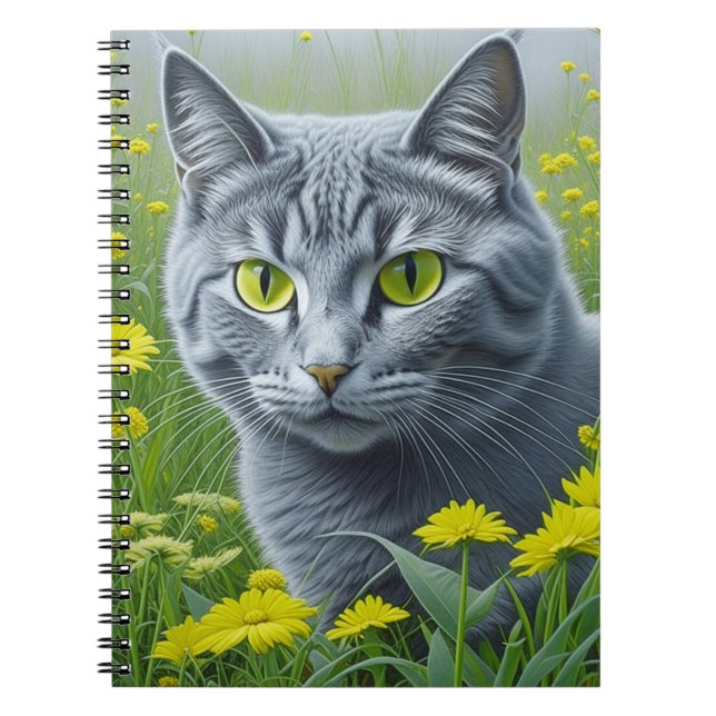 Cute Grey Cat with Yellow Eyes Ai Art Notebook (Front)