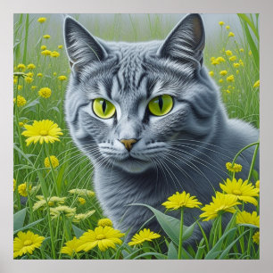 Cute Grey Cat with Yellow Eyes Ai Art Poster