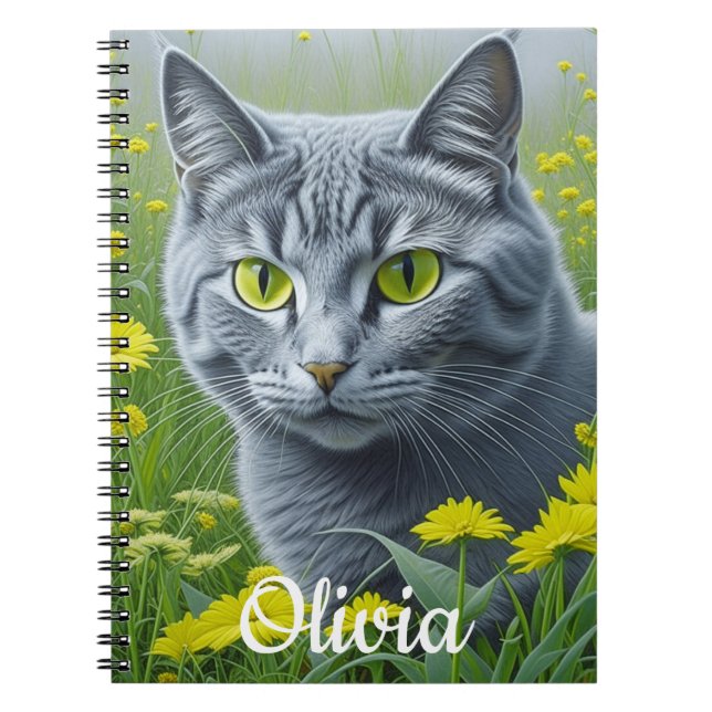 Cute Grey Cat with Yellow Eyes Personalized Notebook (Front)