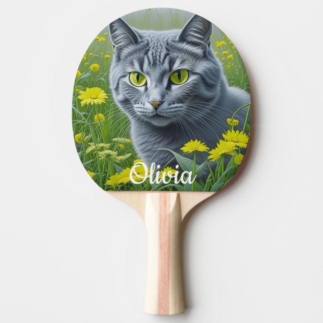 Cute Grey Cat with Yellow Eyes Personalized Ping Pong Paddle (Front)