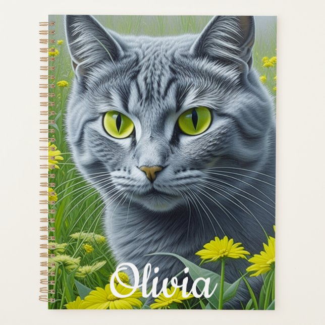 Cute Grey Cat with Yellow Eyes Personalized Planner (Front)