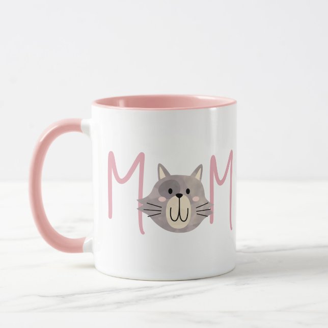 Cute Grey Cat's Mother Blush Pink Mothers Day  Mug (Left)