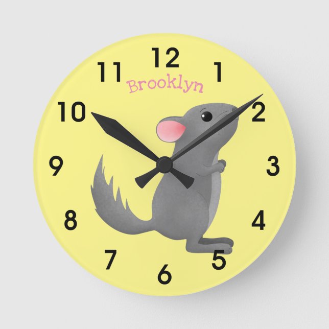 Cute grey chinchilla cartoon illustration round clock (Front)