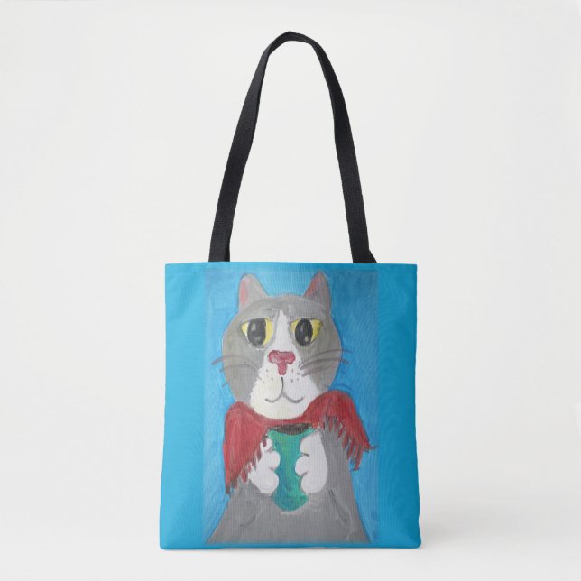 Cute Grey Coffee Cat Painting Folk Art Fun Tote Bag (Front)